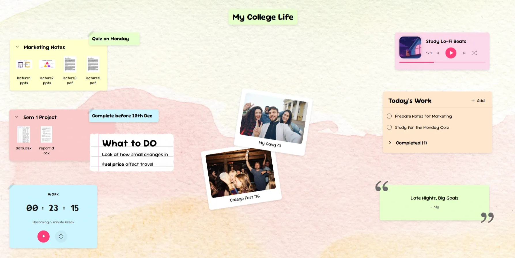 A board using the Scrapbook theme, with pastel paper cards and tape